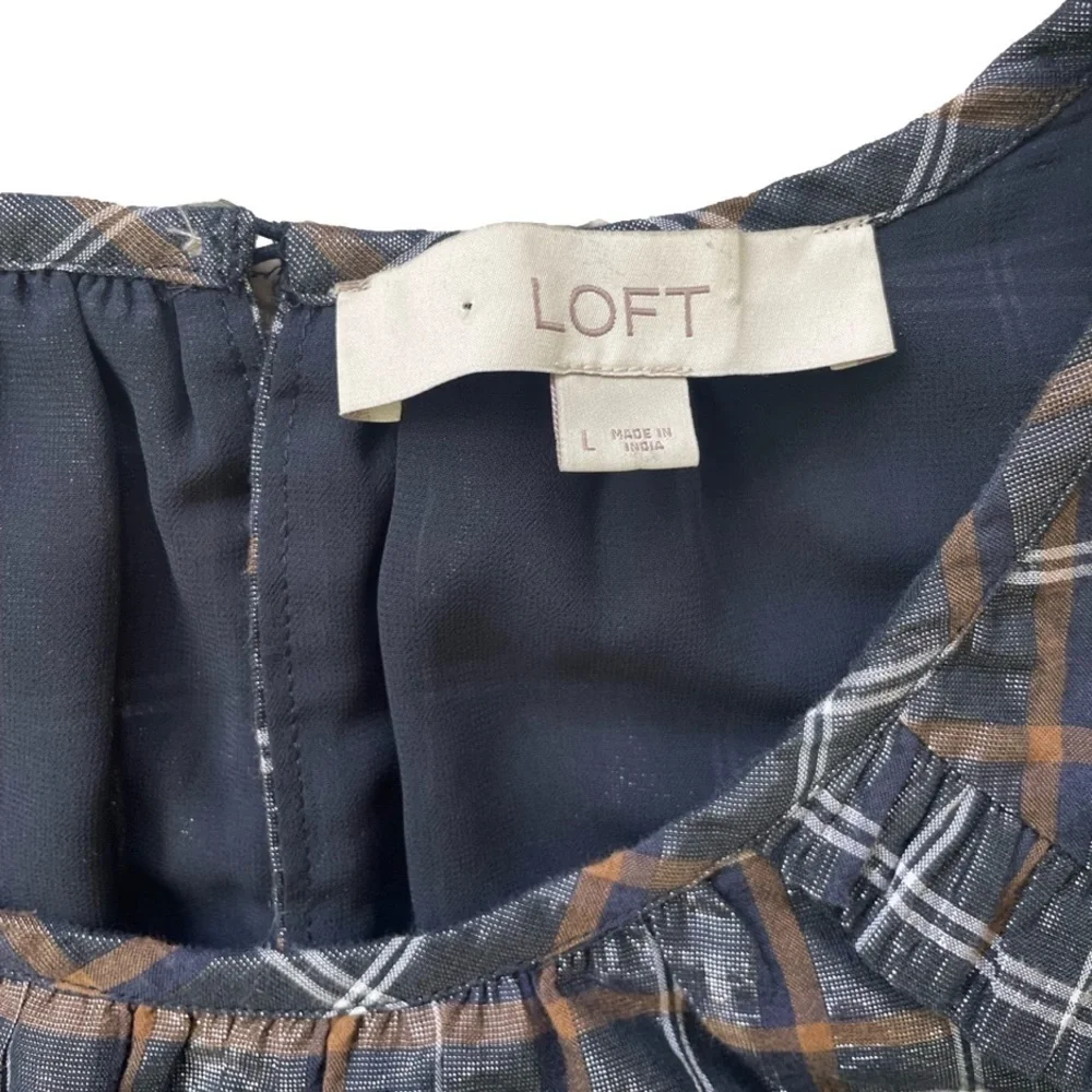 LOFT Metallic Navy Plaid Ruffle Short Sleeve Top, L - Picture 11 of 12